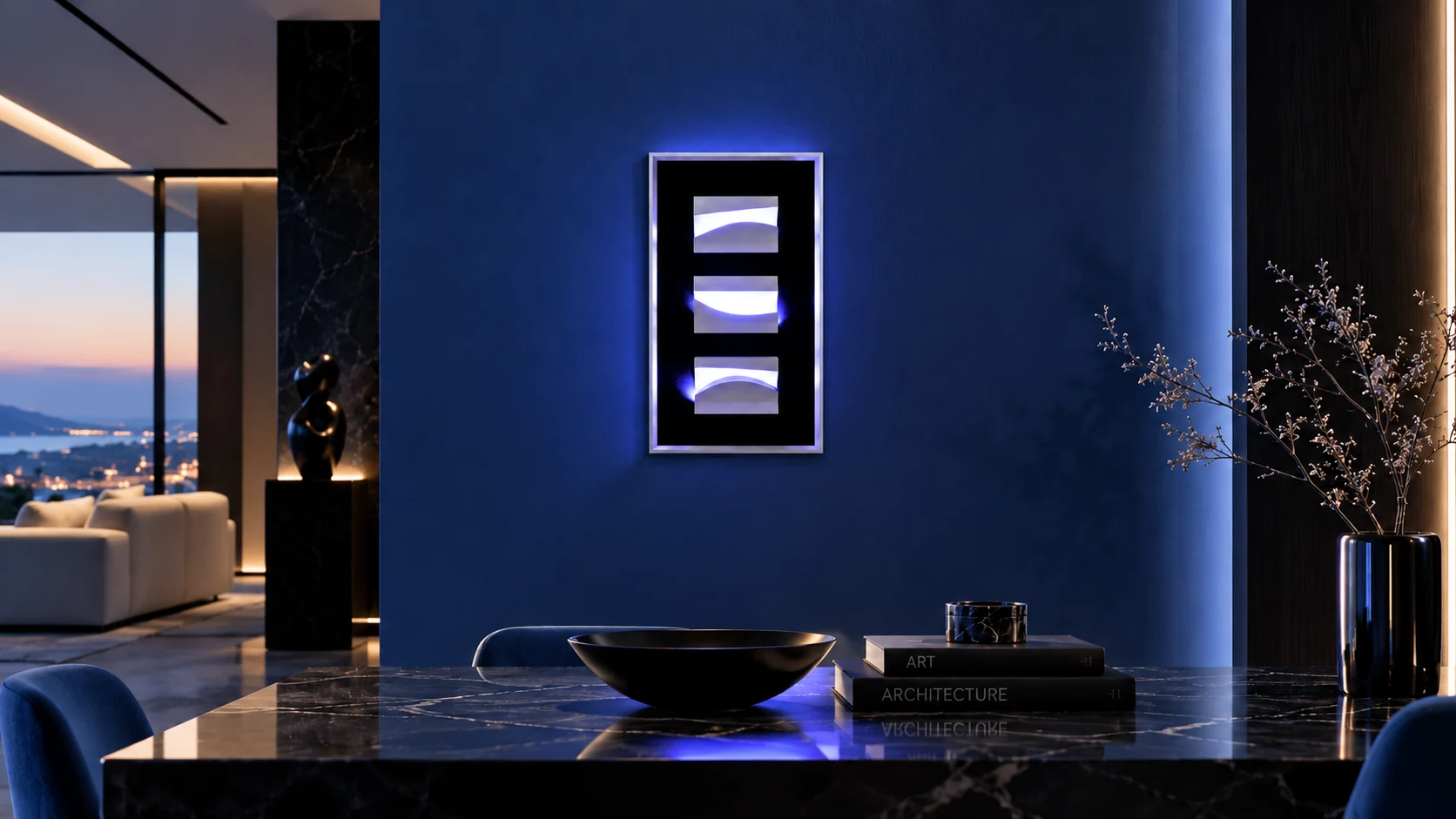 Three-module LED extroflessed artwork with integrated white light in a blue luxury interior