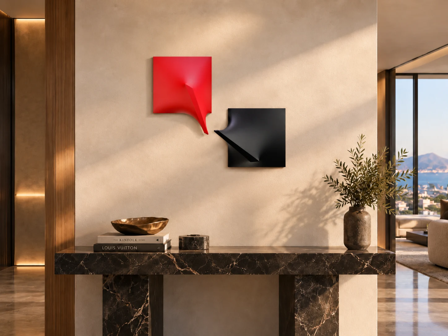 Red and black extroflessed diptych by Alessandro Butera in a luxury interior