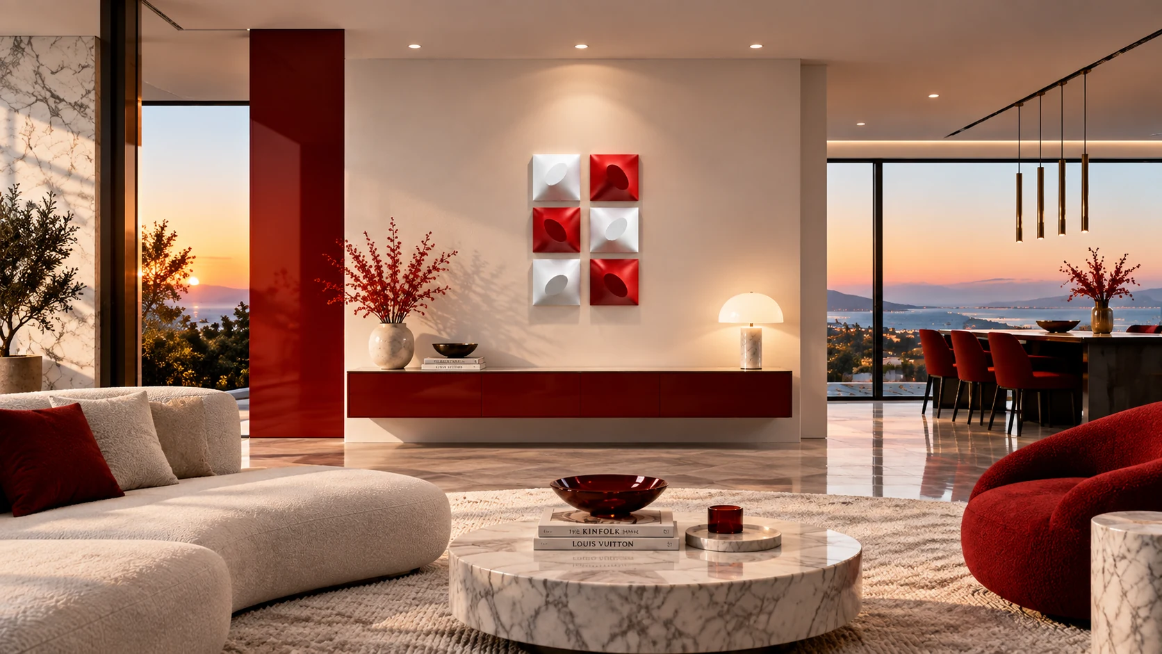 Red and white six-module extroflessed polyptych arranged in a luxury interior by Alessandro Butera